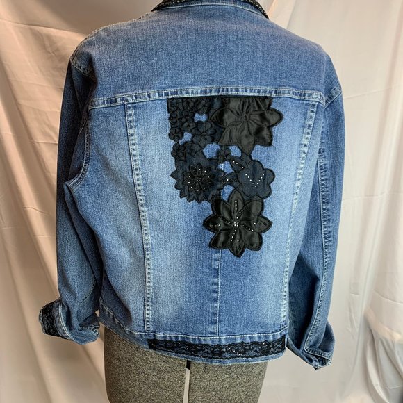 V. Cristine Black Lace Denim Jacket - Picture 2 of 14
